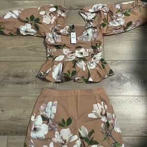 Express Floral High Waist Shorts Set - Brown and White